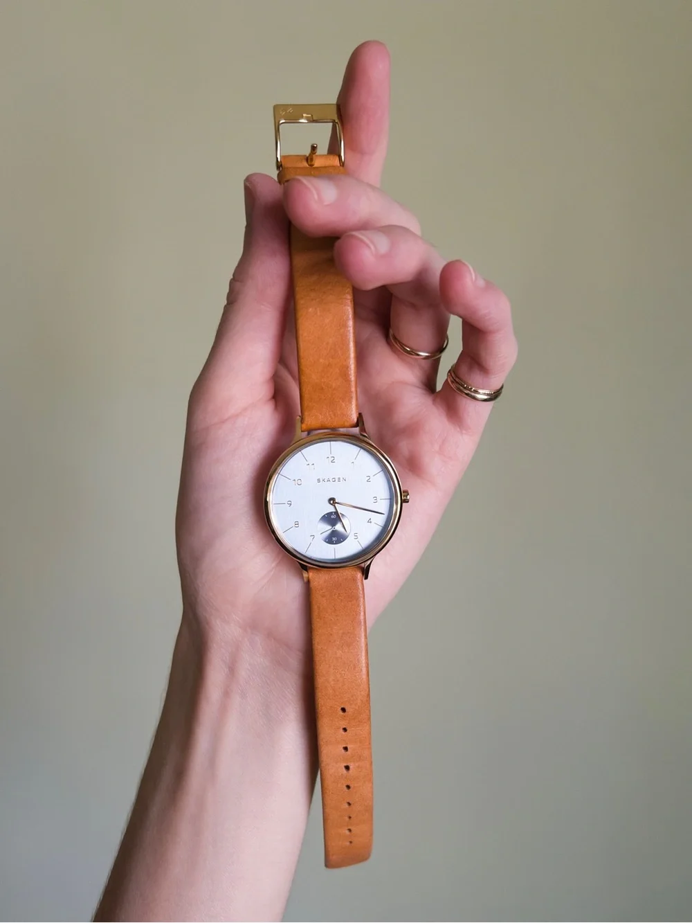 Skagen Denmark Anita Wristwatch, Leather Strap, Blue Chrome with Gold Hardware